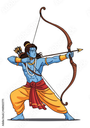 Hindu god Rama aiming with bow and arrow