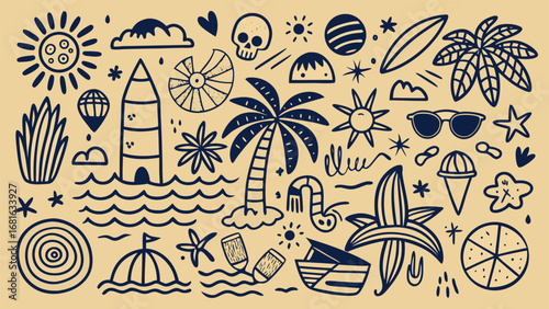 Tropical beach vacation doodles with sun palm trees and ocean waves surfboard