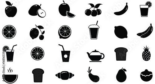 a variety of fruits drinks and desserts illustrated