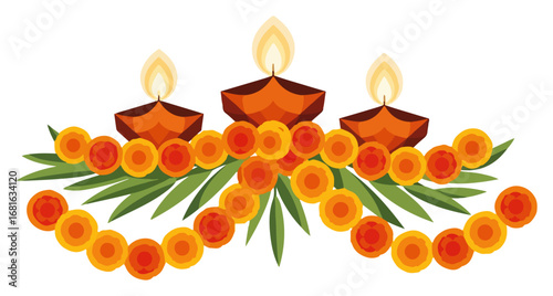 Diwali diyas with marigold garland vector illustration