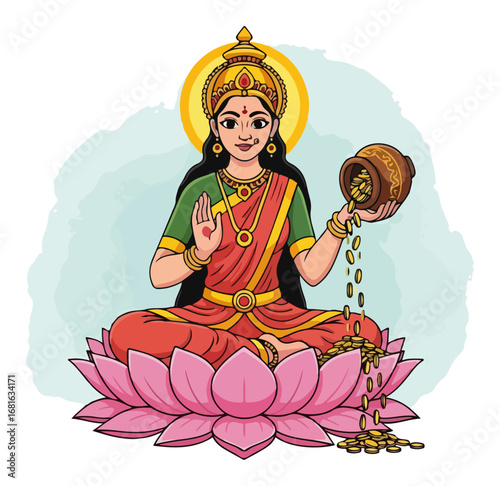 Goddess Lakshmi seated on lotus with pouring coins vector illustration