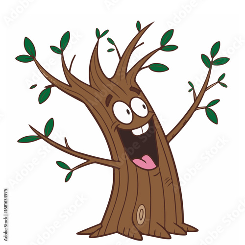 A cheerful cartoon tree character with a wide smile and expressive eyes, appearing lively and full of personality