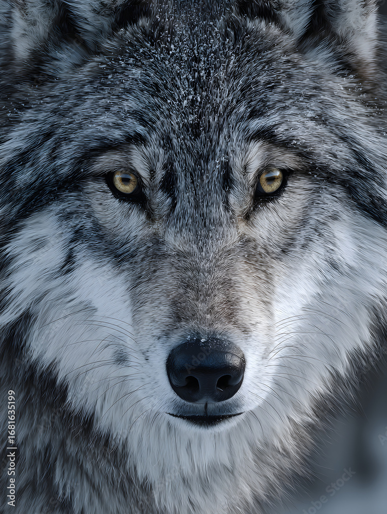 Obraz premium Close up of wolf with thick winter coat intense gaze snow on fur wild animal grey and white fur natural habitat cold environment majestic expression