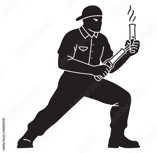 Silhouette of a firefighter holding a fire hose and flare in a dynamic pose