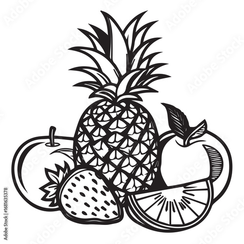 A collection of fresh fruits including a pineapple, apples, a strawberry, and an orange slice, isolated on white background