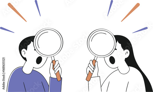 Two people looking closely through magnifying glasses