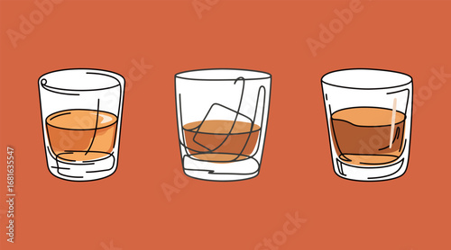 A set of three hand-drawn whiskey glass illustrations with amber liquid and ice, in a minimalist single-line style, perfect for alcoholic beverages and lounge concepts.