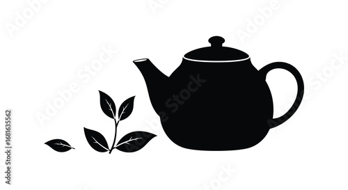 a simple black silhouette of teapot with leaves nearby