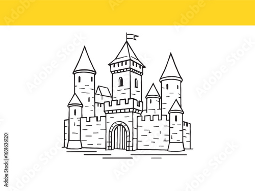 Fantasy castle outline vector illustration for coloring books and digital art with medieval theme and fairytale adventure