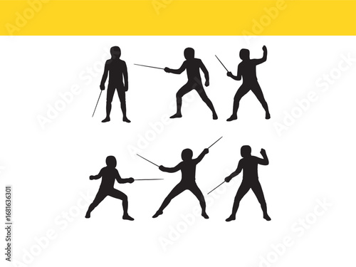 Fencing Silhouettes in Action Stance a Dynamic Vector Illustration of Sword Fighting Positions and Martial Arts Techniques
