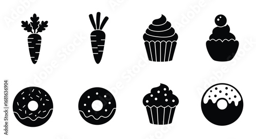 various desserts and vegetables illustrated in black and white