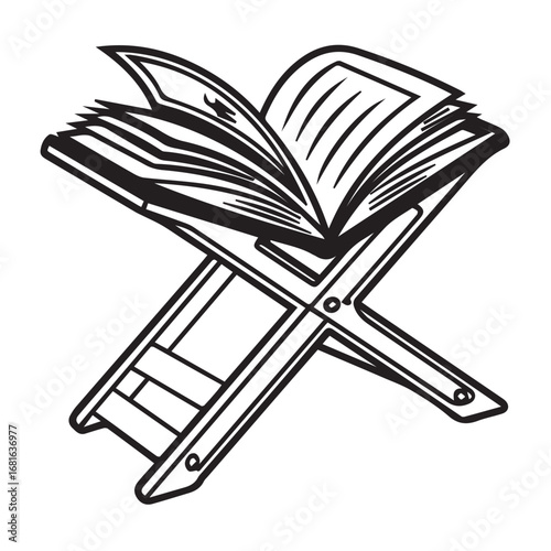 An open book resting on a wooden stand, symbolizing knowledge, education, and reading, isolated on a white background