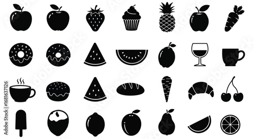 various fruits desserts and vegetables icons displayed neatly
