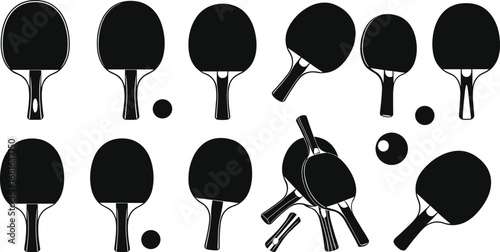 Table tennis paddles and balls collection, black and white ping pong rackets, sports equipment set, competitive game gear, isolated.