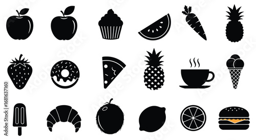 various fruits vegetables desserts and beverages icons displayed