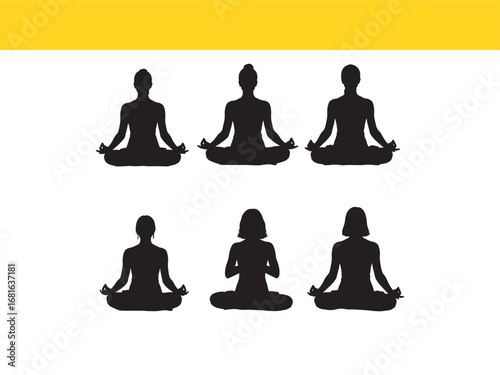 Silhouette yoga poses collection for relaxation and meditation wellbeing black figures on white background spiritual practice vector illustration
