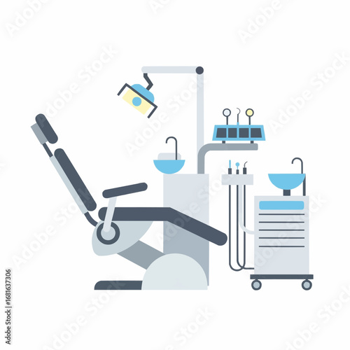 Dental Clinic Equipment Illustration: Dentist Chair, Tools, and Medical Supplies