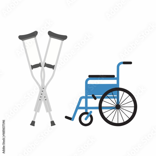 Medical equipment illustration: crutches and wheelchair, healthcare and disability concept