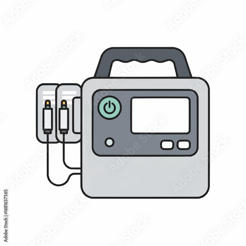 Defibrillator medical device with electrodes, emergency equipment, life support, healthcare