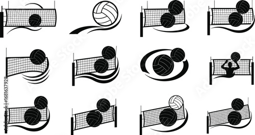 Volleyball net and balls icons, black and white volleyball sport symbols, player silhouette, game elements, competitive sports equipment collection.