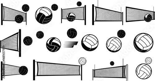 Volleyball nets and balls collection, black and white volleyball icons, sports equipment, competitive game elements, isolated design set.