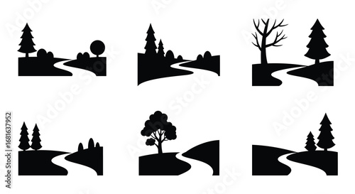 a series of black and white landscape silhouettes showing various trees