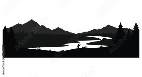 a lone figure stands by river surrounded by mountains and trees