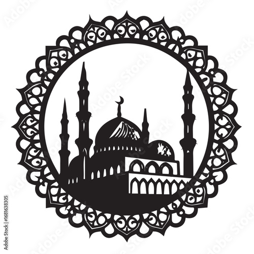 Black silhouette of a mosque with minarets and domes, framed by an ornate circular pattern, isolated on white background