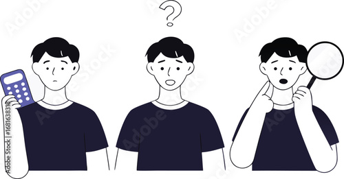 Confused people with calculator and magnifying glass