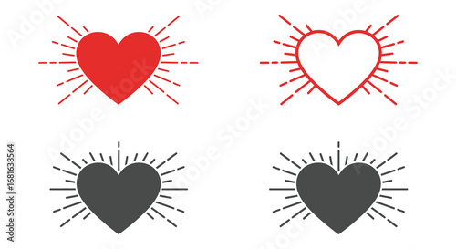 four hearts with radiant lines in red and black colors