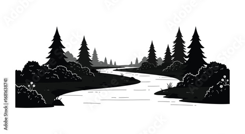 a serene river flows through dense forested landscape
