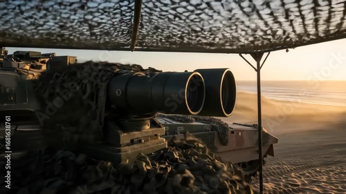 Military tank with binoculars in desert landscape, military technology and defense concept.