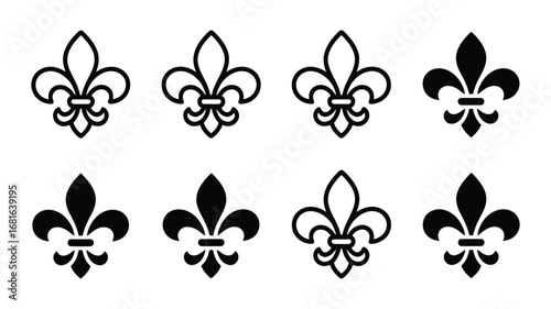 Vector art of collection of fleurdelis icons, representing french heraldry, royalty, and elegant decorative design elements