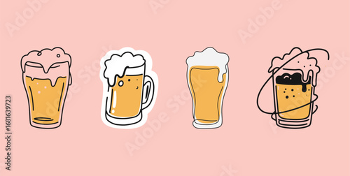 Hand-Drawn Beer Glasses Collection: Festive Alcoholic Beverage Illustrations for Bar Menus and Social Events