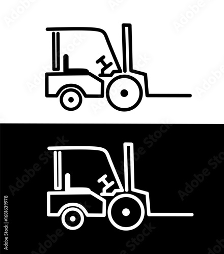 A minimal forklift outline icon in black and white style representing industry, warehouse equipment, cargo handling, construction, and heavy machinery transportation