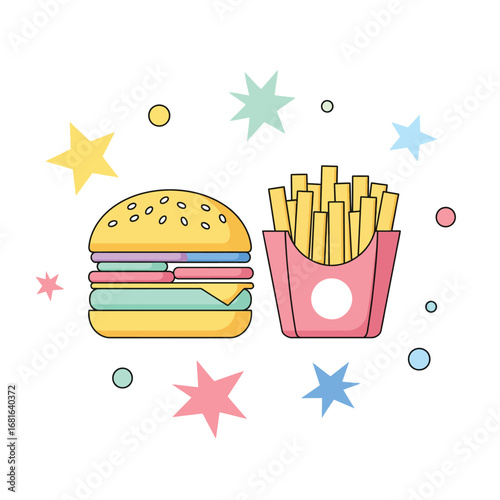 A cute fast food combo illustration of a hamburger and french fries, rendered with flat, geometric elements and a pastel color palette