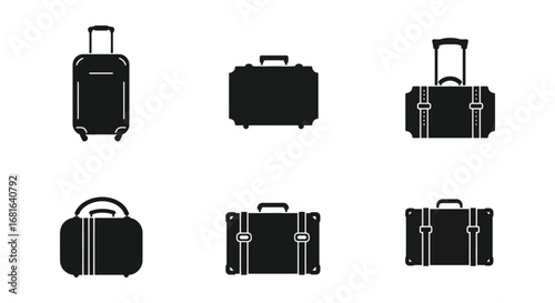 various styles of luggage bags shown in black and white