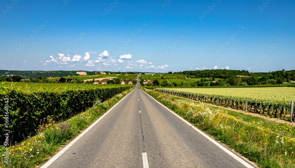 Naklejka premium Straight road through vineyards under a clear sky