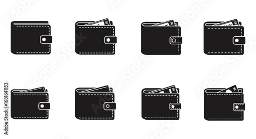 a collection of black wallets arranged neatly in rows