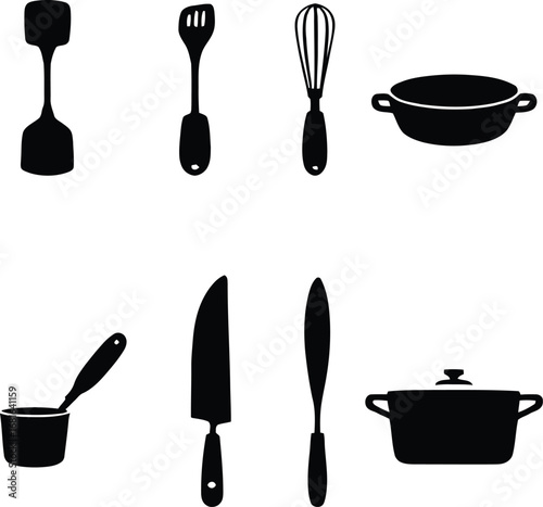 Kitchen utensils vector illustration cooking tools and equipment silhouette design for culinary art
