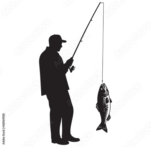 Silhouette of a fisherman with a caught fish depicting leisure and angling activities
