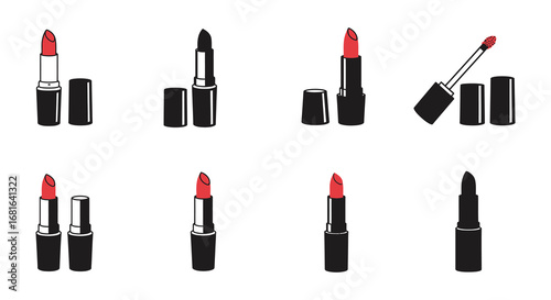 various lipsticks displayed in neat rows on white background