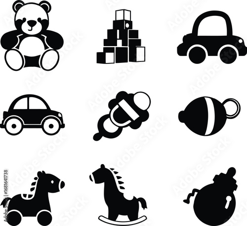 Vector baby toys set illustration with teddy bear car blocks rattle and horse for kids design 100