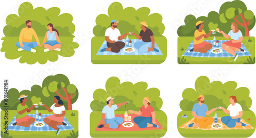 Cute Minimalist Picnic Illustrations Couples Enjoying Outdoor Fun