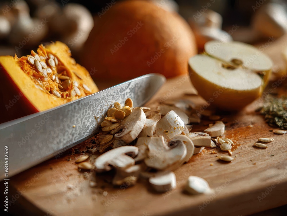 Fototapeta premium Autumn Harvest Ingredients Knife, Pumpkin, Mushrooms, Apple on Cutting Board for Culinary Creations