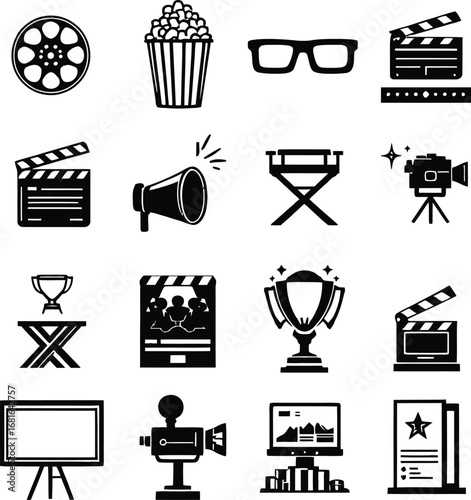 Movie film cinema production icons set vector illustration for film making and entertainment industry