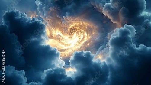 A swirling vortex of golden light shines through dark blue storm clouds.
