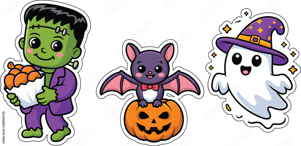 Fototapeta premium Cute Frankenstein with candy, bat on pumpkin, ghost in witch hat, Halloween sticker set, kawaii cartoon characters, festive clipart