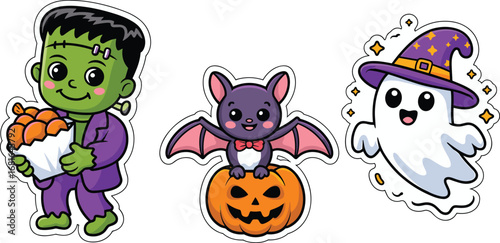 Cute Frankenstein with candy, bat on pumpkin, ghost in witch hat, Halloween sticker set, kawaii cartoon characters, festive clipart
