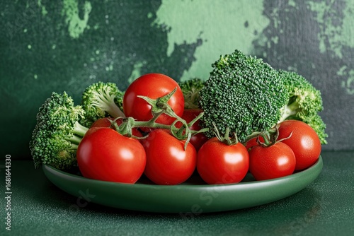 Broccoli and tomatoes arranged on plate with green artistic background, fresh healthy vegetables highlighting vibrant colors, perfect for food and nutrition concepts